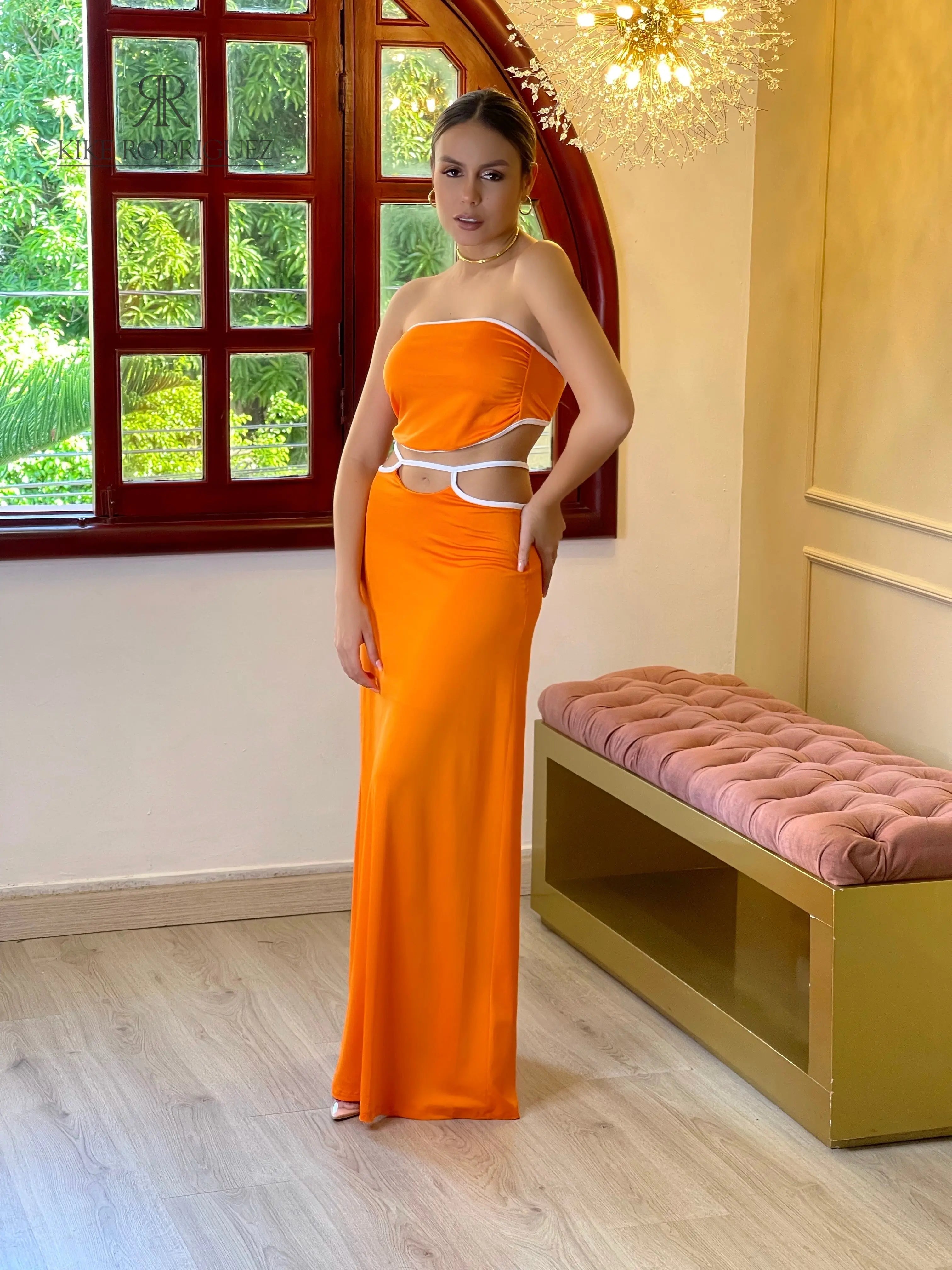 Vestido Naranja con Detalles Blancos en Oferta KIKE RODRIGUEZ