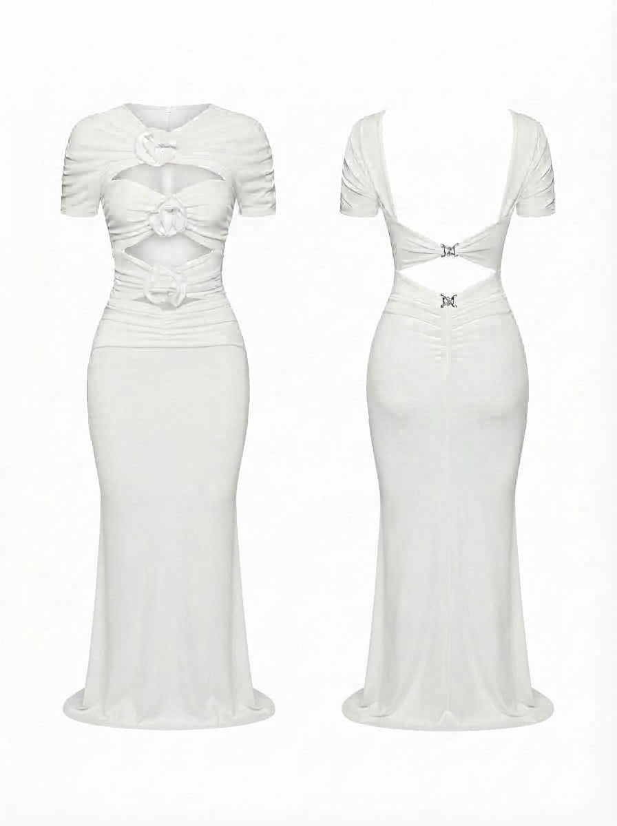 Vestido Rosetta Blanco Largo con Flores y Cut Out - KIKE RODRIGUEZ